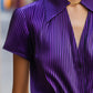 Satin Stripe Short-Sleeve Glossy Blouse with Wide Collar