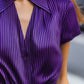Satin Stripe Short-Sleeve Glossy Blouse with Wide Collar