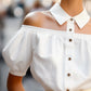 Chic Off-Shoulder Button-Up Blouse with Statement Collar