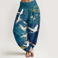 Cotton Flying White Cranes Auspicious Clouds Design Women's Elastic Waist Harem Pants
