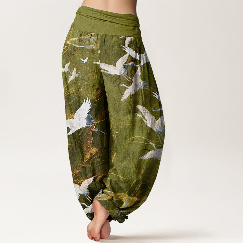 Cotton Flying White Cranes Auspicious Clouds Design Women's Elastic Waist Harem Pants
