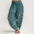 Cotton Pink White Flowers Bamboo Leaves Fruits Design Women's Elastic Waist Harem Pants