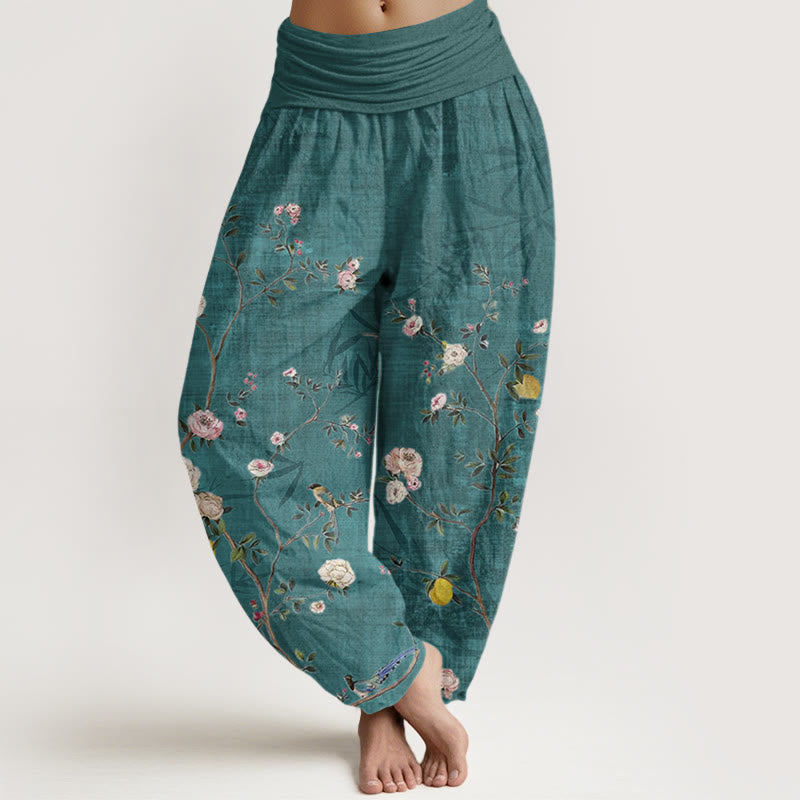 Cotton Pink White Flowers Bamboo Leaves Fruits Design Women's Elastic Waist Harem Pants