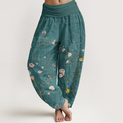 Cotton Pink White Flowers Bamboo Leaves Fruits Design Women's Elastic Waist Harem Pants