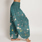 Cotton Pink White Flowers Bamboo Leaves Fruits Design Women's Elastic Waist Harem Pants