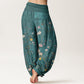 Cotton Pink White Flowers Bamboo Leaves Fruits Design Women's Elastic Waist Harem Pants