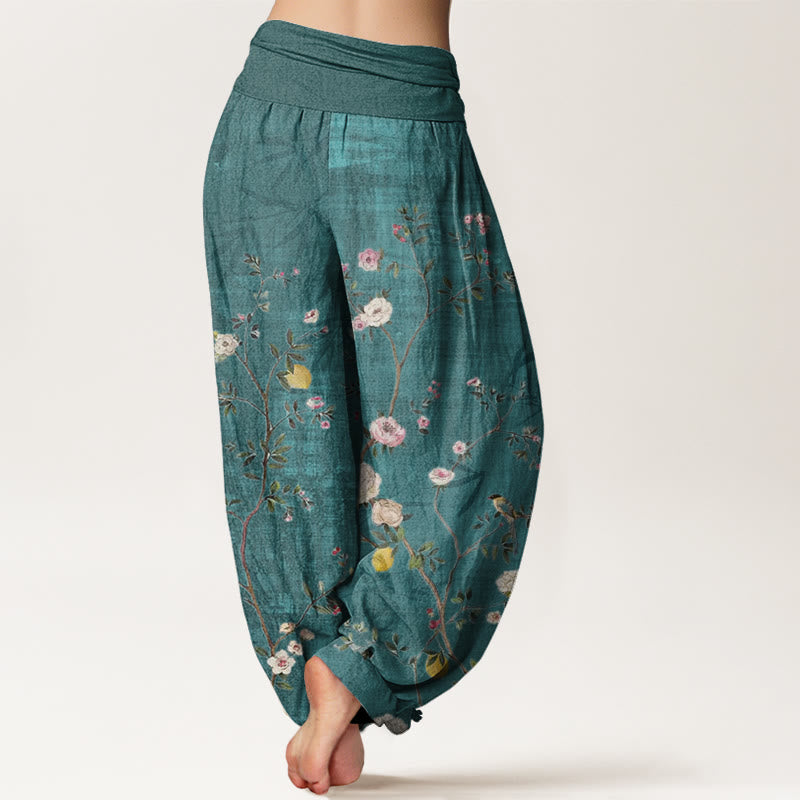 Cotton Pink White Flowers Bamboo Leaves Fruits Design Women's Elastic Waist Harem Pants