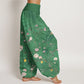 Cotton Pink White Flowers Bamboo Leaves Fruits Design Women's Elastic Waist Harem Pants