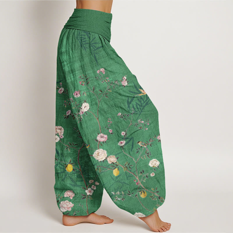 Cotton Pink White Flowers Bamboo Leaves Fruits Design Women's Elastic Waist Harem Pants