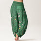 Cotton Pink White Flowers Bamboo Leaves Fruits Design Women's Elastic Waist Harem Pants