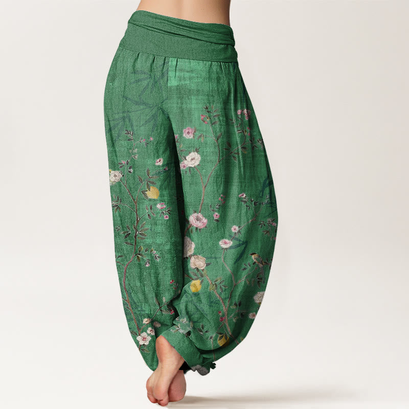 Cotton Pink White Flowers Bamboo Leaves Fruits Design Women's Elastic Waist Harem Pants