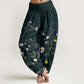 Cotton Pink White Flowers Bamboo Leaves Fruits Design Women's Elastic Waist Harem Pants