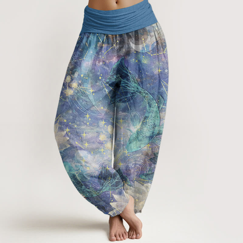 Pure Cotton Koi Fish Lotus Moon Stars Pattern Women's Elastic Waist Harem Pants