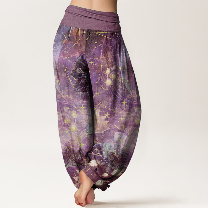 Pure Cotton Koi Fish Lotus Moon Stars Pattern Women's Elastic Waist Harem Pants