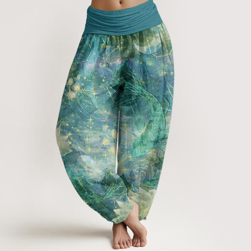 Pure Cotton Koi Fish Lotus Moon Stars Pattern Women's Elastic Waist Harem Pants