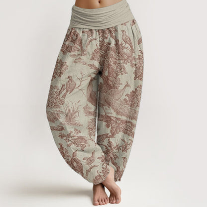 Pure Cotton Birds Trees Branches Pattern Women's Elastic Waist Harem Pants