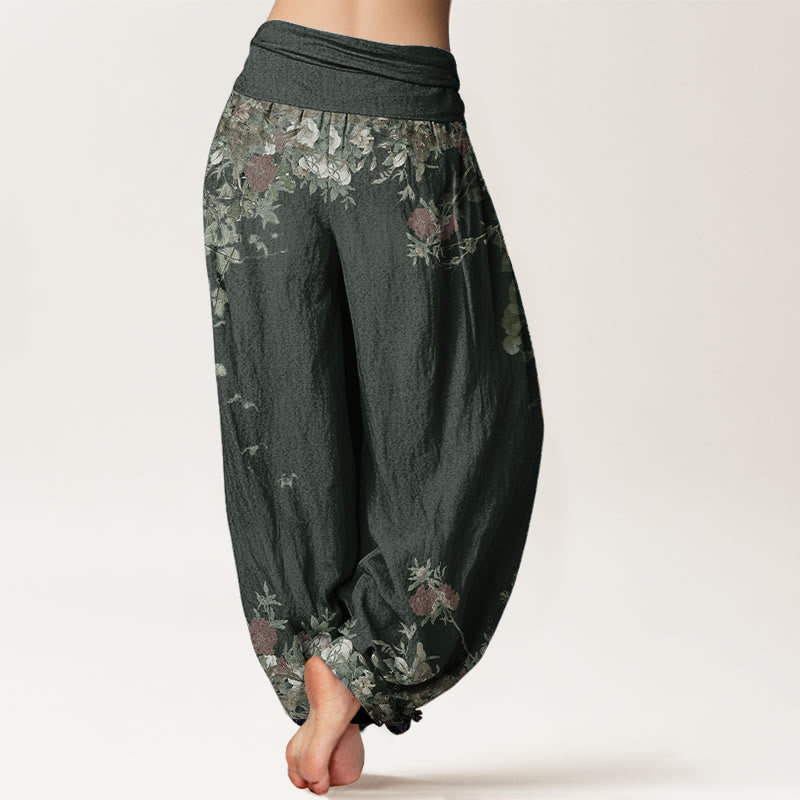 Pure Cotton Casual Red Peony Flower Vine Design Women's Elastic Waist Harem Pants