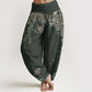 Pure Cotton Casual Red Peony Flower Vine Design Women's Elastic Waist Harem Pants