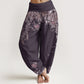 Pure Cotton Casual Red Peony Flower Vine Design Women's Elastic Waist Harem Pants