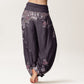 Pure Cotton Casual Red Peony Flower Vine Design Women's Elastic Waist Harem Pants