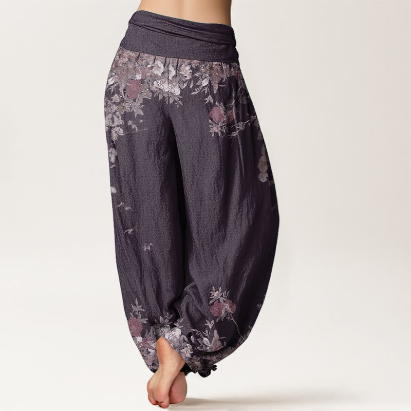 Pure Cotton Casual Red Peony Flower Vine Design Women's Elastic Waist Harem Pants