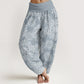 Pure Cotton Casual White Mandala Flower Design Women's Elastic Waist Harem Pants