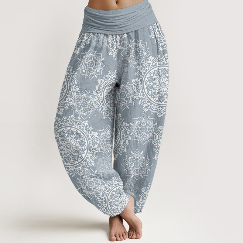 Pure Cotton Casual White Mandala Flower Design Women's Elastic Waist Harem Pants