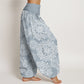 Pure Cotton Casual White Mandala Flower Design Women's Elastic Waist Harem Pants