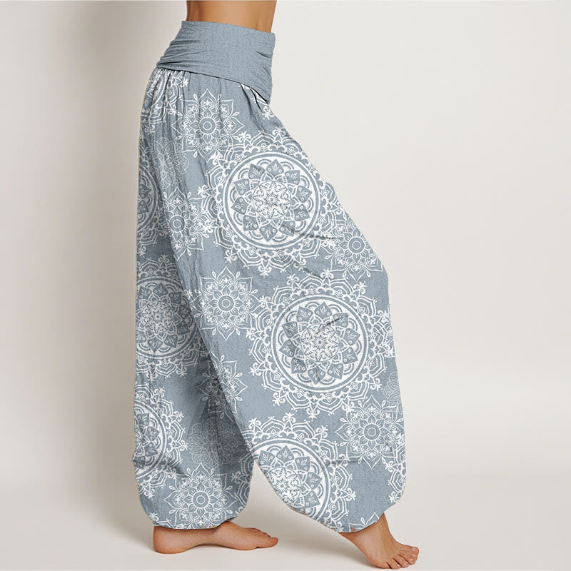 Pure Cotton Casual White Mandala Flower Design Women's Elastic Waist Harem Pants