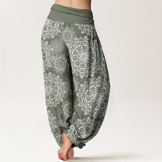 Pure Cotton Casual White Mandala Flower Design Women's Elastic Waist Harem Pants