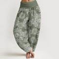 Pure Cotton Casual White Mandala Flower Design Women's Elastic Waist Harem Pants