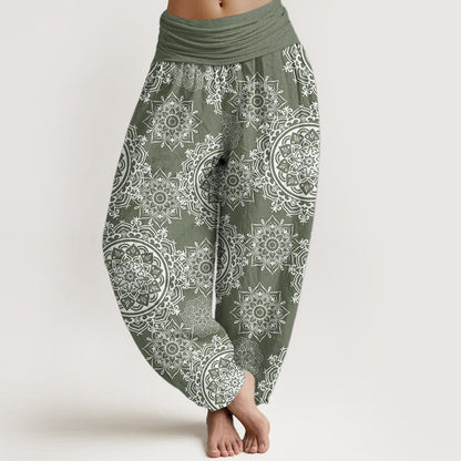 Pure Cotton Casual White Mandala Flower Design Women's Elastic Waist Harem Pants