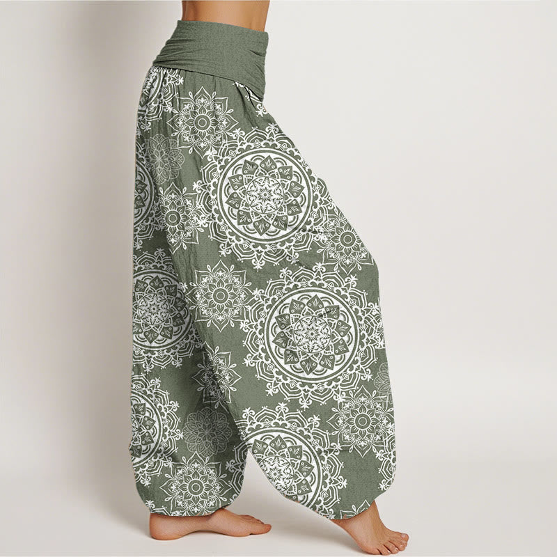 Pure Cotton Casual White Mandala Flower Design Women's Elastic Waist Harem Pants
