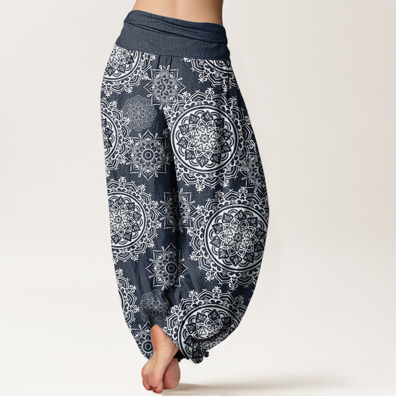 Pure Cotton Casual White Mandala Flower Design Women's Elastic Waist Harem Pants