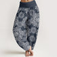 Pure Cotton Casual White Mandala Flower Design Women's Elastic Waist Harem Pants