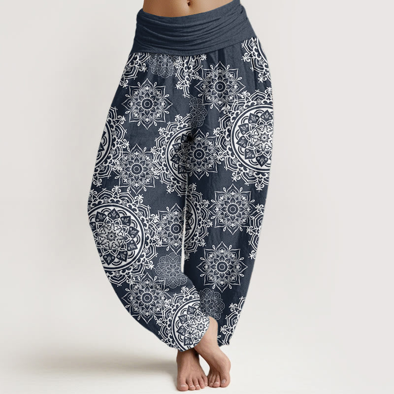 Pure Cotton Casual White Mandala Flower Design Women's Elastic Waist Harem Pants