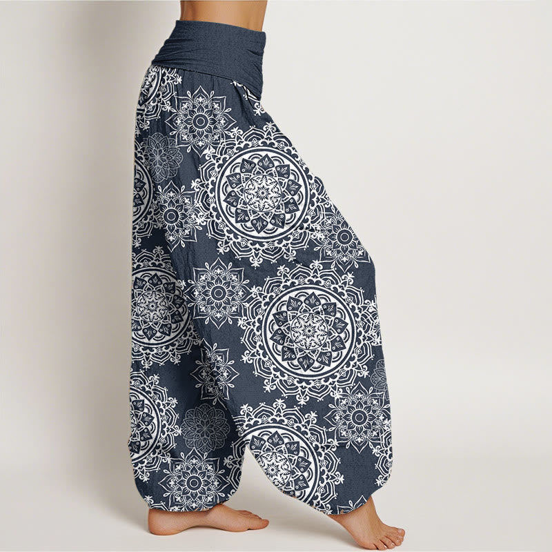 Pure Cotton Casual White Mandala Flower Design Women's Elastic Waist Harem Pants
