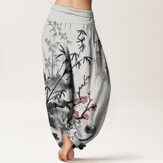 Pure Cotton Plum Blossoms Bamboo Orchids Chrysanthemums Pattern Women's Elastic Waist Harem Pants