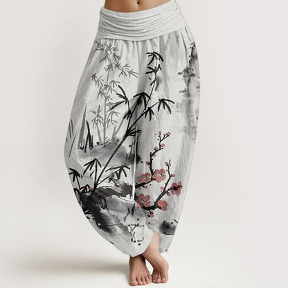 Pure Cotton Plum Blossoms Bamboo Orchids Chrysanthemums Pattern Women's Elastic Waist Harem Pants
