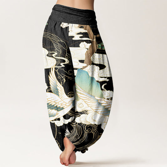 Pure Cotton Flying Cranes Auspicious Clouds Tree women's Elastic Waist Harem Pants