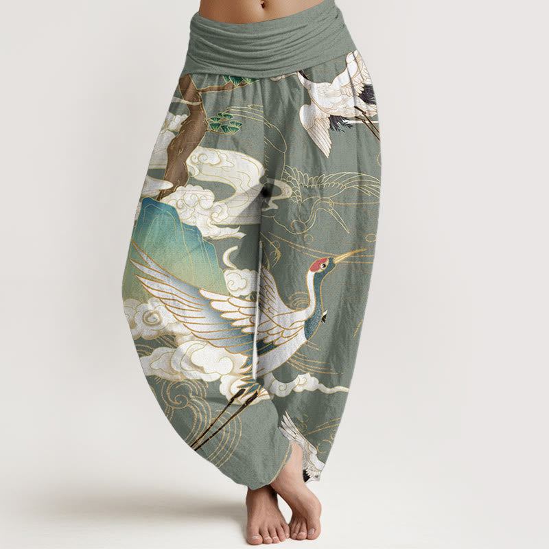 Pure Cotton Flying Cranes Auspicious Clouds Tree women's Elastic Waist Harem Pants
