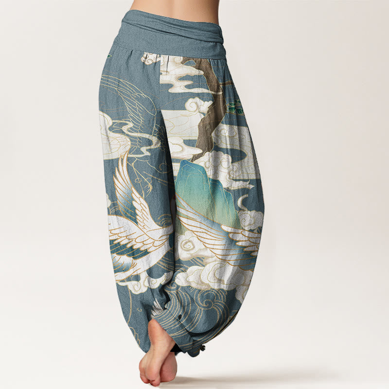 Pure Cotton Flying Cranes Auspicious Clouds Tree women's Elastic Waist Harem Pants