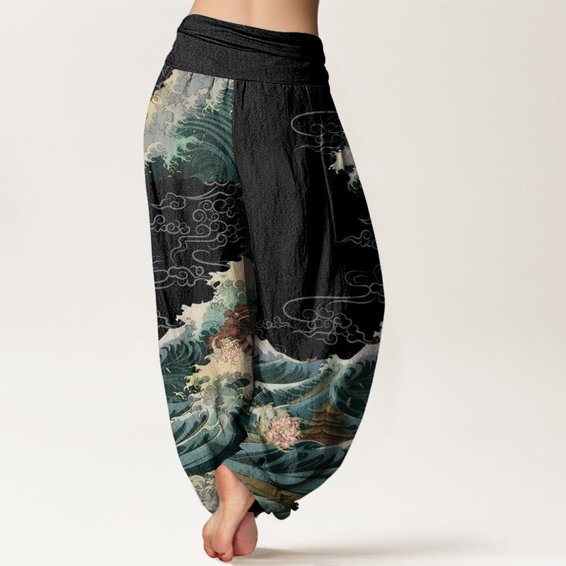 Cotton Casual Blooming Lotuse Wave Pavilion Pattern Women's Elastic Waist Harem Pants