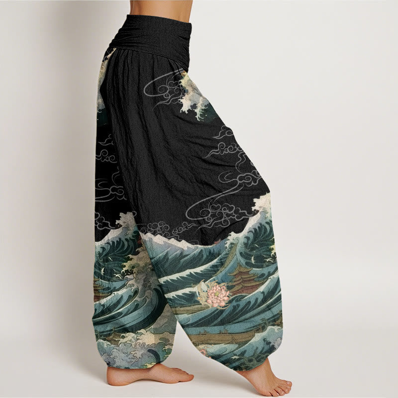 Cotton Casual Blooming Lotuse Wave Pavilion Pattern Women's Elastic Waist Harem Pants