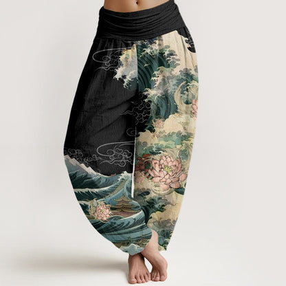 Cotton Casual Blooming Lotuse Wave Pavilion Pattern Women's Elastic Waist Harem Pants