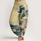 Cotton Casual Blooming Lotuse Wave Pavilion Pattern Women's Elastic Waist Harem Pants