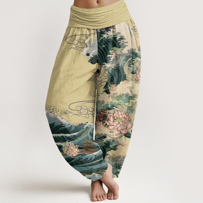 Cotton Casual Blooming Lotuse Wave Pavilion Pattern Women's Elastic Waist Harem Pants