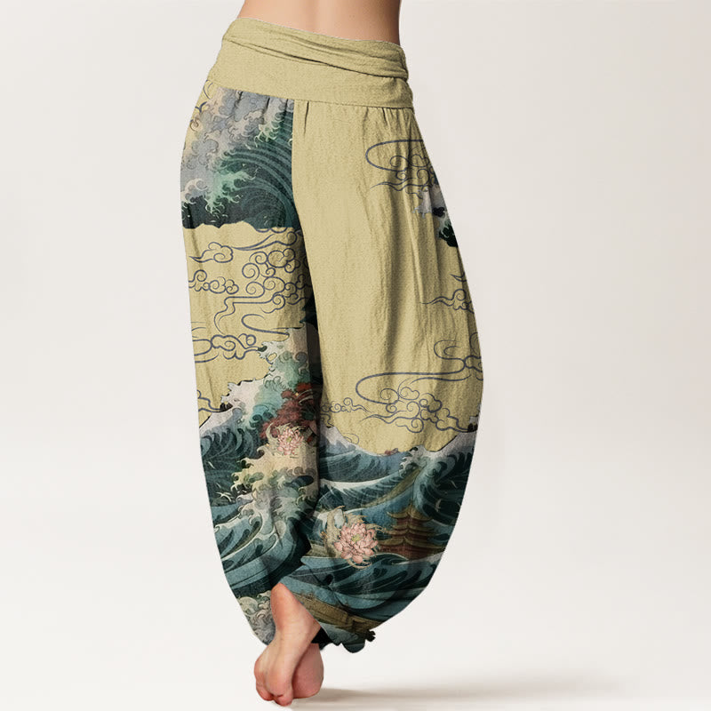 Cotton Casual Blooming Lotuse Wave Pavilion Pattern Women's Elastic Waist Harem Pants