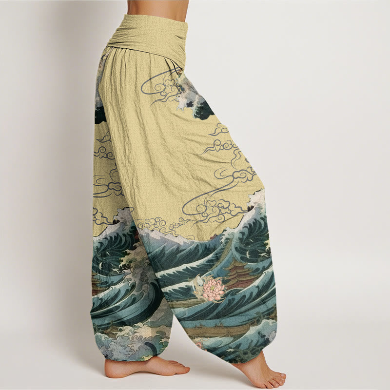Cotton Casual Blooming Lotuse Wave Pavilion Pattern Women's Elastic Waist Harem Pants