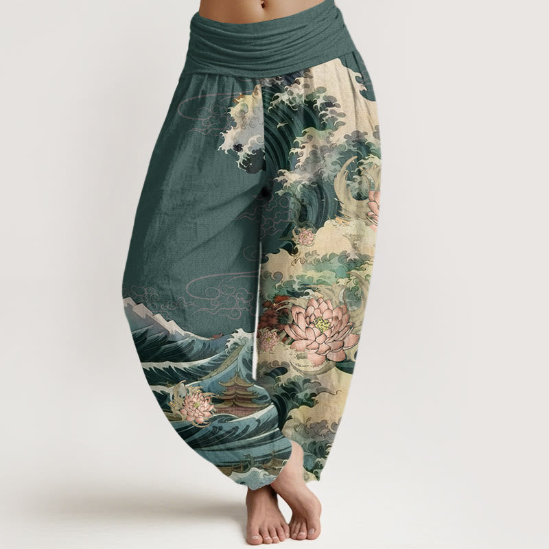Cotton Casual Blooming Lotuse Wave Pavilion Pattern Women's Elastic Waist Harem Pants